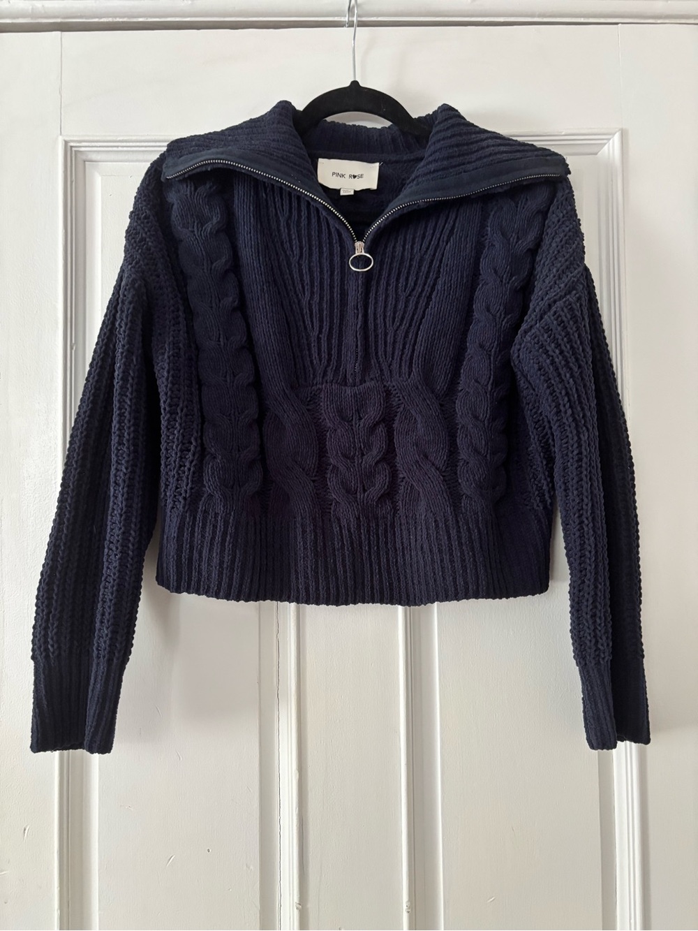 Pink Rose Navy Cable-Knit Half-Zip Turtleneck Sweater
